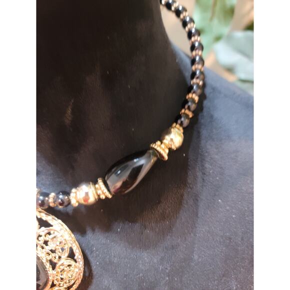 Womens Black Beaded Necklace With Large Gold Filigree Pendant By Sophia And Kate - Picture 4 of 8